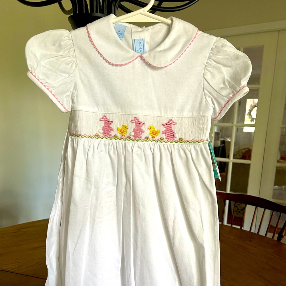 White Dress with Pink Bunny Embroidery